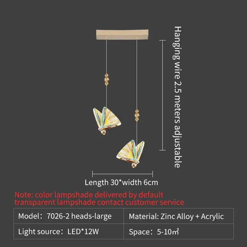 Elegant gold iridescent butterfly stairs bar pendant light with two colorful acrylic butterfly stairs lampshades for decorbites