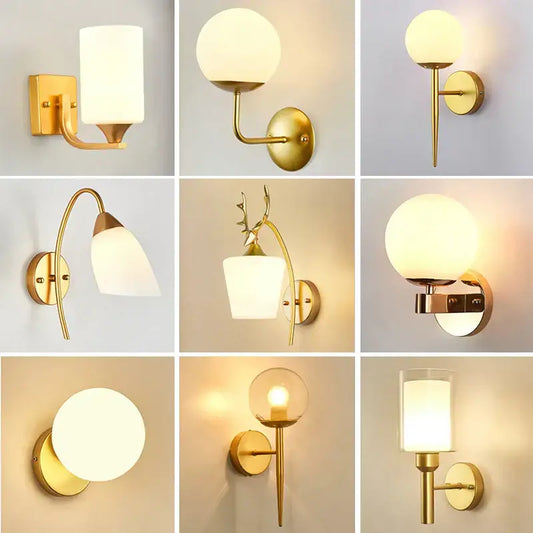 Elegant gold iron wall lamp with frosted glass shade featuring various designs for bedroom decorbites iron wall lamp