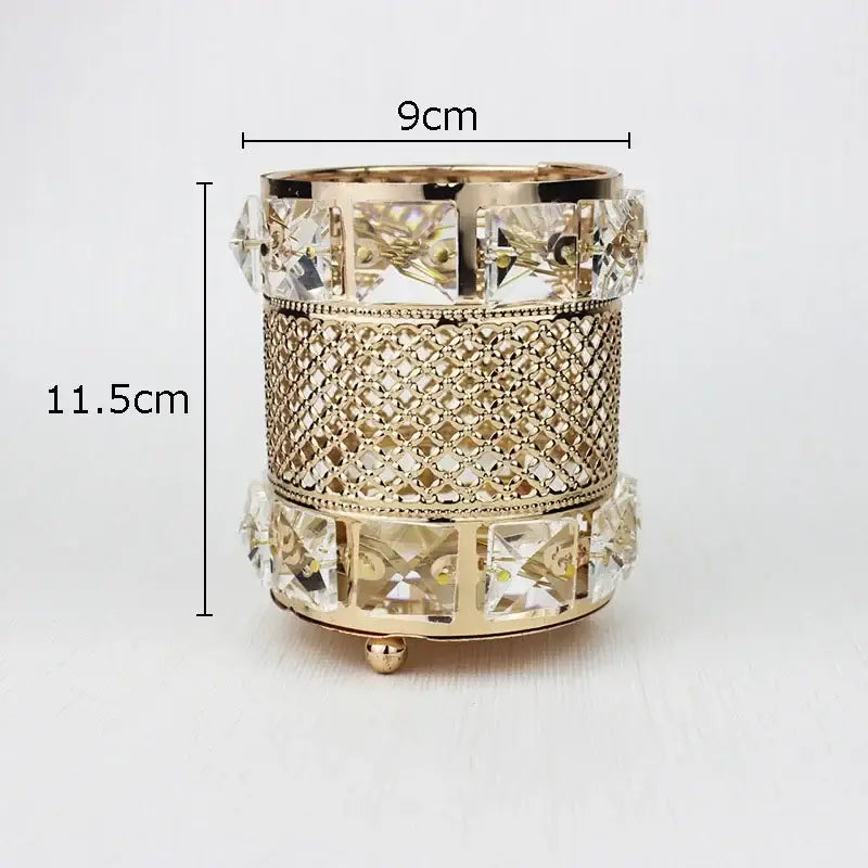 Elegant gold lattice hollow glass jar candle holder with crystal mesh and decorative base for bedroom or makeup brush use