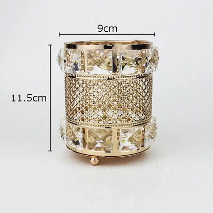 Elegant gold lattice hollow glass jar candle holder with crystal mesh and decorative base for bedroom or makeup brush use
