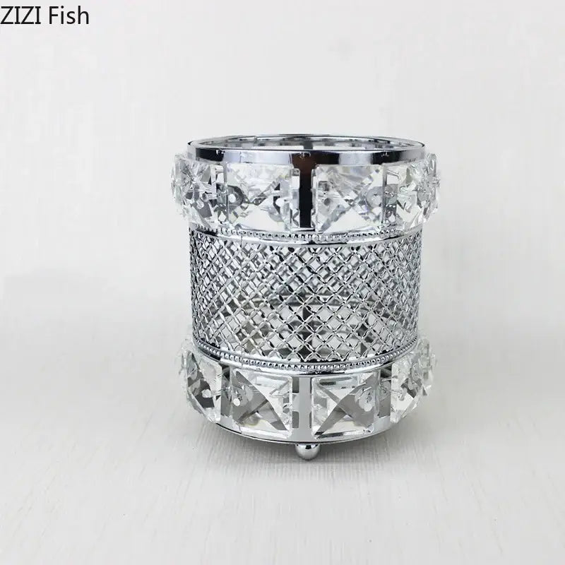Elegant silver crystal-encrusted cylindrical hollow glass jar with mesh pattern for bedroom makeup brush holder