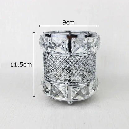 Elegant silver-toned crystal-encrusted hollow glass jar with diamond-cut pattern for bedroom makeup brush holder