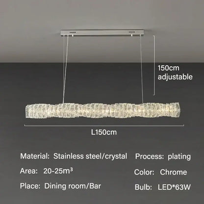 Elegant led crystal chandelier featuring chrome-finished stainless steel and textured pendant light for dining room use