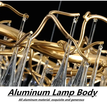 Elegant gold metal branch chandelier with gold aluminum body and clear glass water drop crystals for dining room lighting