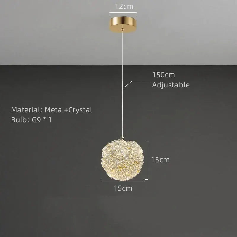 Elegant gold metal crystal pendant light spherical design with adjustable chain for dining room decorbites gold metal