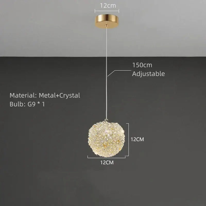 Elegant gold metal crystal pendant light with spherical design and adjustable chain for dining room decorbites gold metal