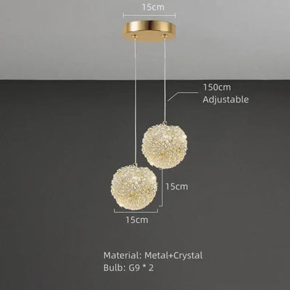 Elegant gold metal crystal pendant light with two 15cm spherical crystals, adjustable up to 150cm for dining room decorbites gold metal