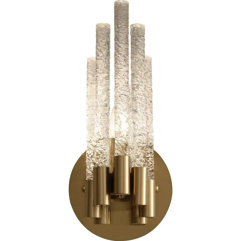 Elegant wall sconce with five textured translucent glass rods in gold metal perfect for bedroom decorbites gold metal lamp