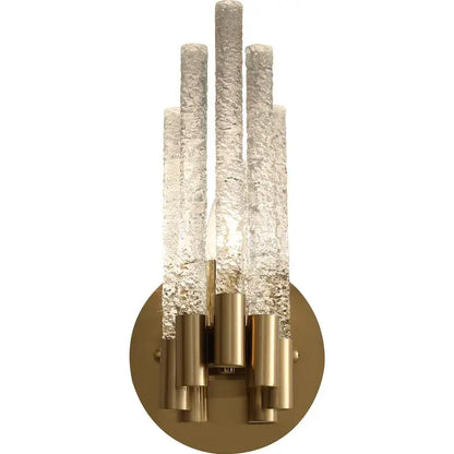 Elegant wall sconce with five textured translucent glass rods in gold metal perfect for bedroom decorbites gold metal lamp