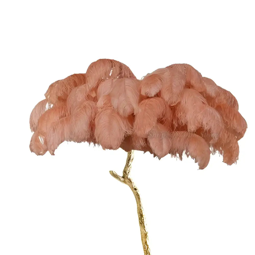 Peach-colored elegant ostrich feather floor lamp with gold-toned stem for decorbites elegant ostrich bedroom decor