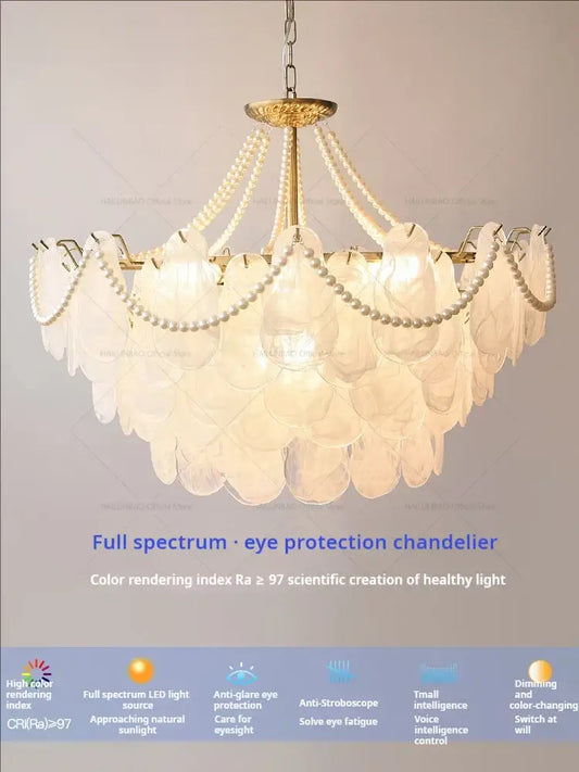 Elegant gold pearl shell chandelier garden light with cascading translucent shades and pearl strands for dining room