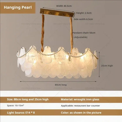 Elegant gold pearl shell chandelier garden light with oval translucent glass shells and adjustable chain for dining room