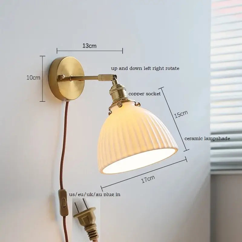 Brass-finished wall light with ribbed off-white ruffled ceramic led shade and adjustable copper socket by decorbites ceramic led