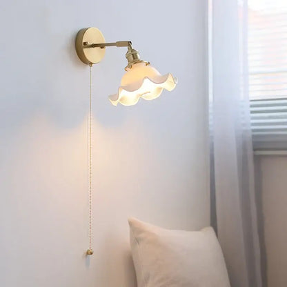 Elegant gold ruffled ceramic led wall light with glass shade and pull-chain switch for bedroom decorbites ceramic led wall