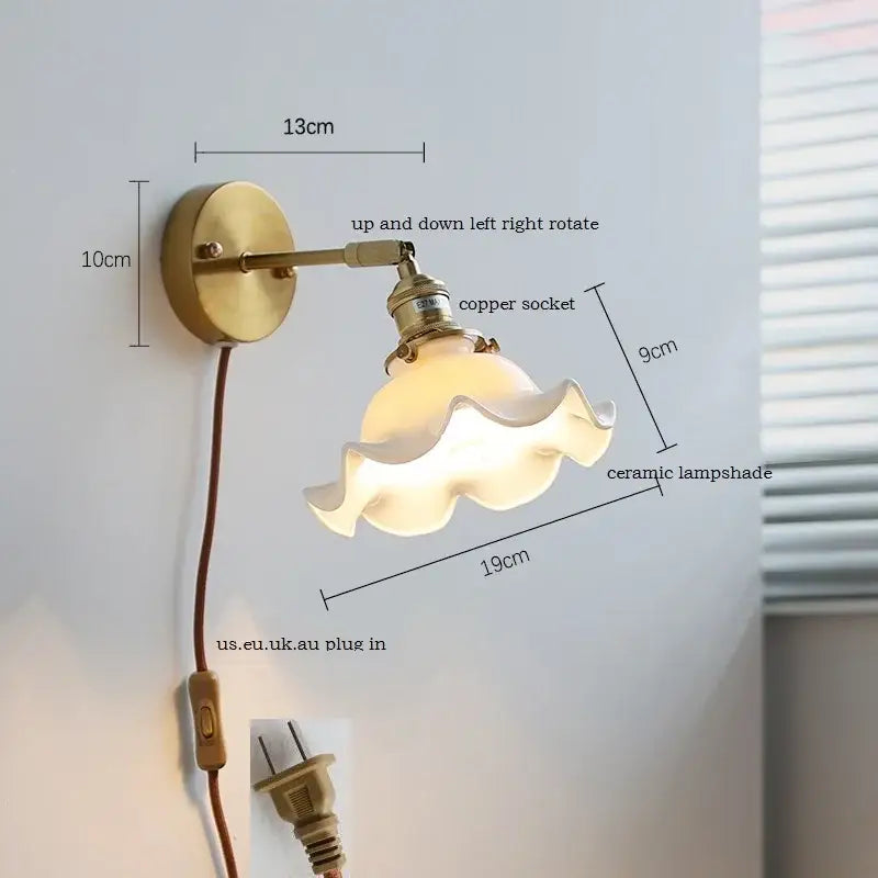 Elegant gold vintage-style wall light with ruffled ceramic led lampshade by decorbites for bedroom decor