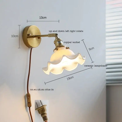 Elegant gold vintage-style wall light with ruffled ceramic led lampshade by decorbites for bedroom decor