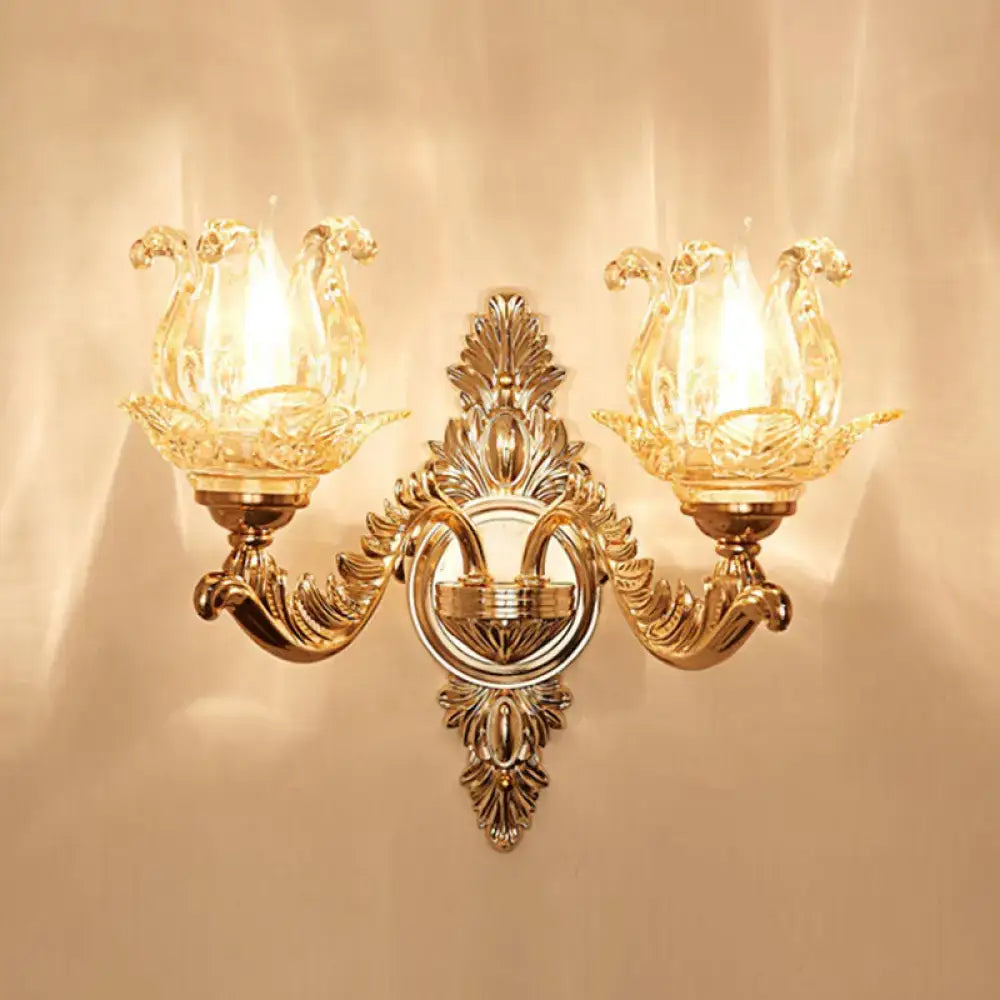 Elegant gold scrolled arm wall mount sconce with two glass lampshades for bedroom crystal lighting