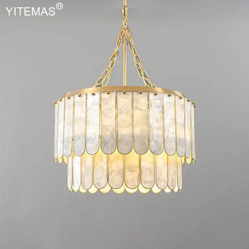 Elegant gold shell chandelier with two tiers of scalloped translucent shell panels by decorbites gold for living room decor