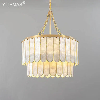 Elegant gold shell chandelier with two tiers of scalloped translucent shell panels by decorbites gold for living room decor