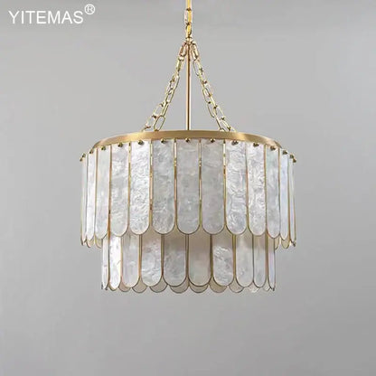Elegant gold shell chandelier with layered translucent mother-of-pearl glass panels by decorbites gold shell decorbites gold