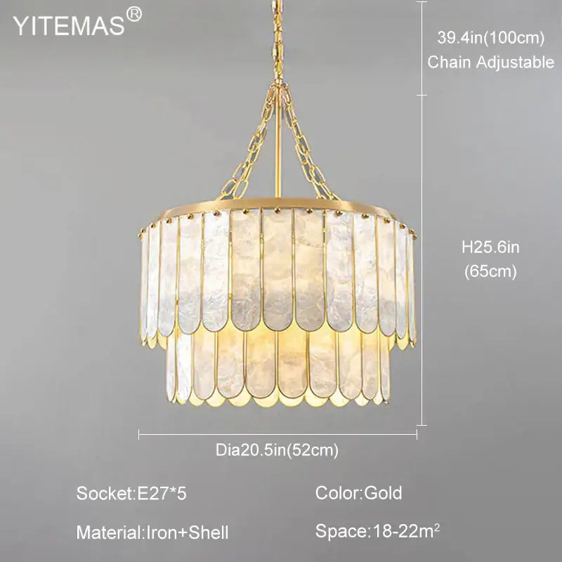 Elegant decorbites gold shell chandelier with layered translucent shell panels and adjustable chain for living room decor