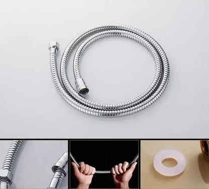 Chrome finished flexible metal shower hose with ribbed texture and threaded connectors for handheld bidet sprayer kit