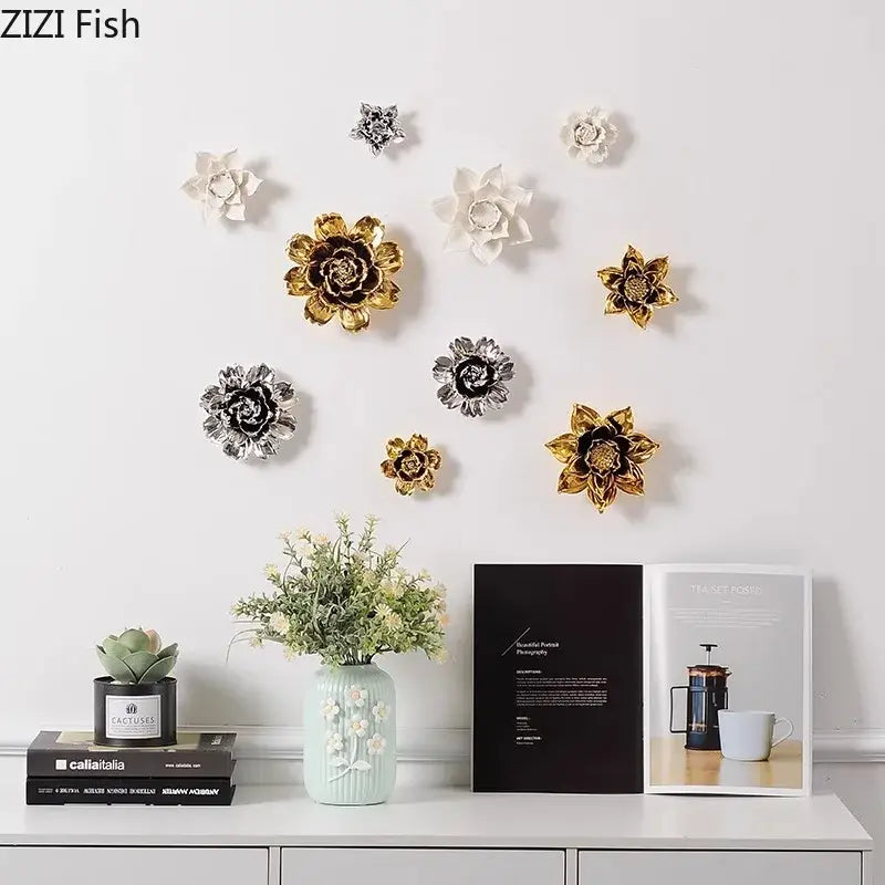 Elegant porcelain peony wall ornaments in gold and white ceramic with metallic finishes for living room decorbites elegant porcelain