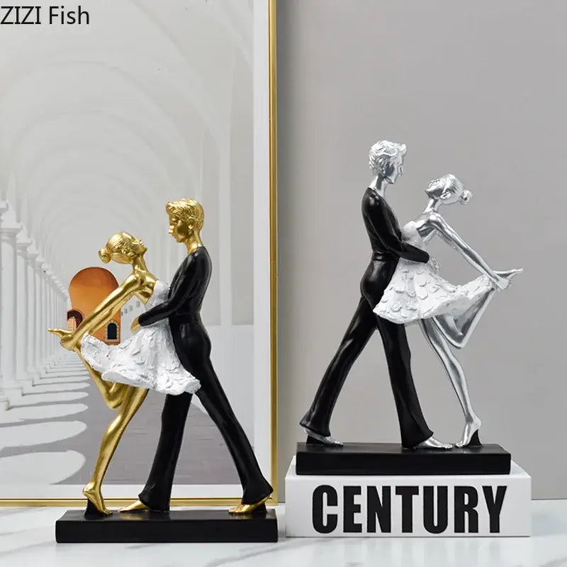 Elegant gold and black tango dancer figurine with white lace dress for home decor by decorbites golden tango