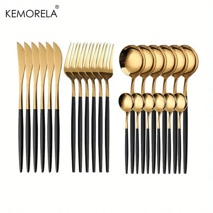 Kemorela 23-piece gold stainless steel cutlery set with modern black two-tone design in elegant gift box for dining room