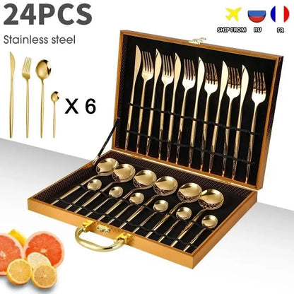 Elegant gold stainless steel cutlery set with 24 pieces in a matching gold-trimmed carrying case for dining room gift