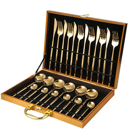 Elegant gold stainless steel cutlery set in a matching wooden carrying case ideal as a dining room gift box