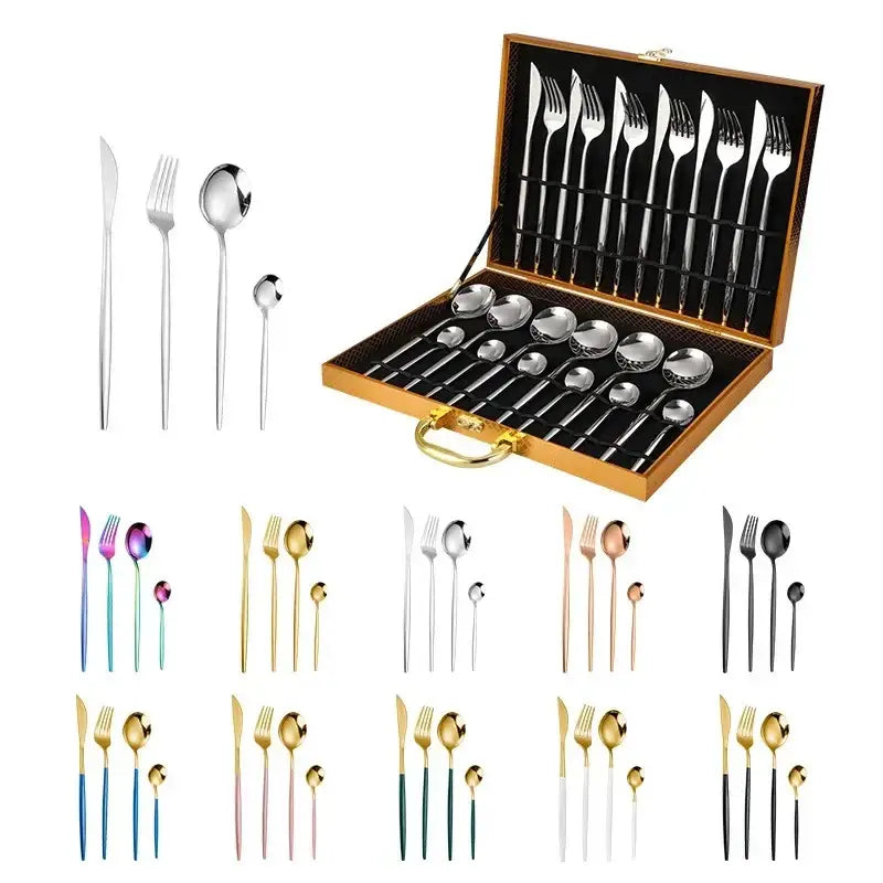Elegant gold stainless steel cutlery set in a wooden gift box with black velvet lining for dining room use