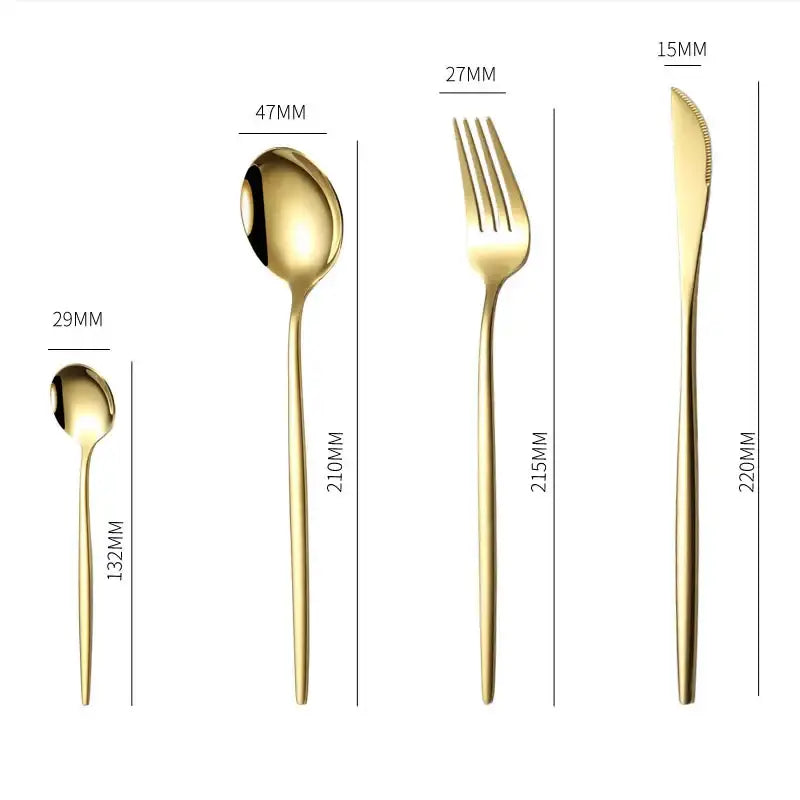 Elegant gold stainless steel cutlery set with minimalist spoon fork and knife in a dining room gift box