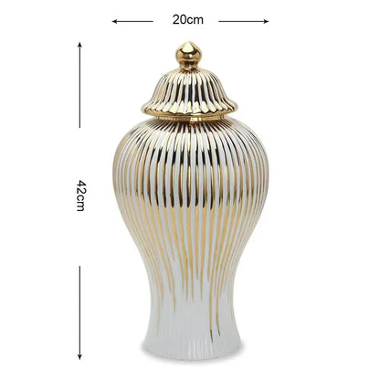 Elegant gold striped ceramic ginger jar in white with gold lid for living room decorbites living room storage