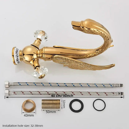 Elegant gold swan basin faucet with crystal knobs and decorative feather detailing by decorbites gold swan