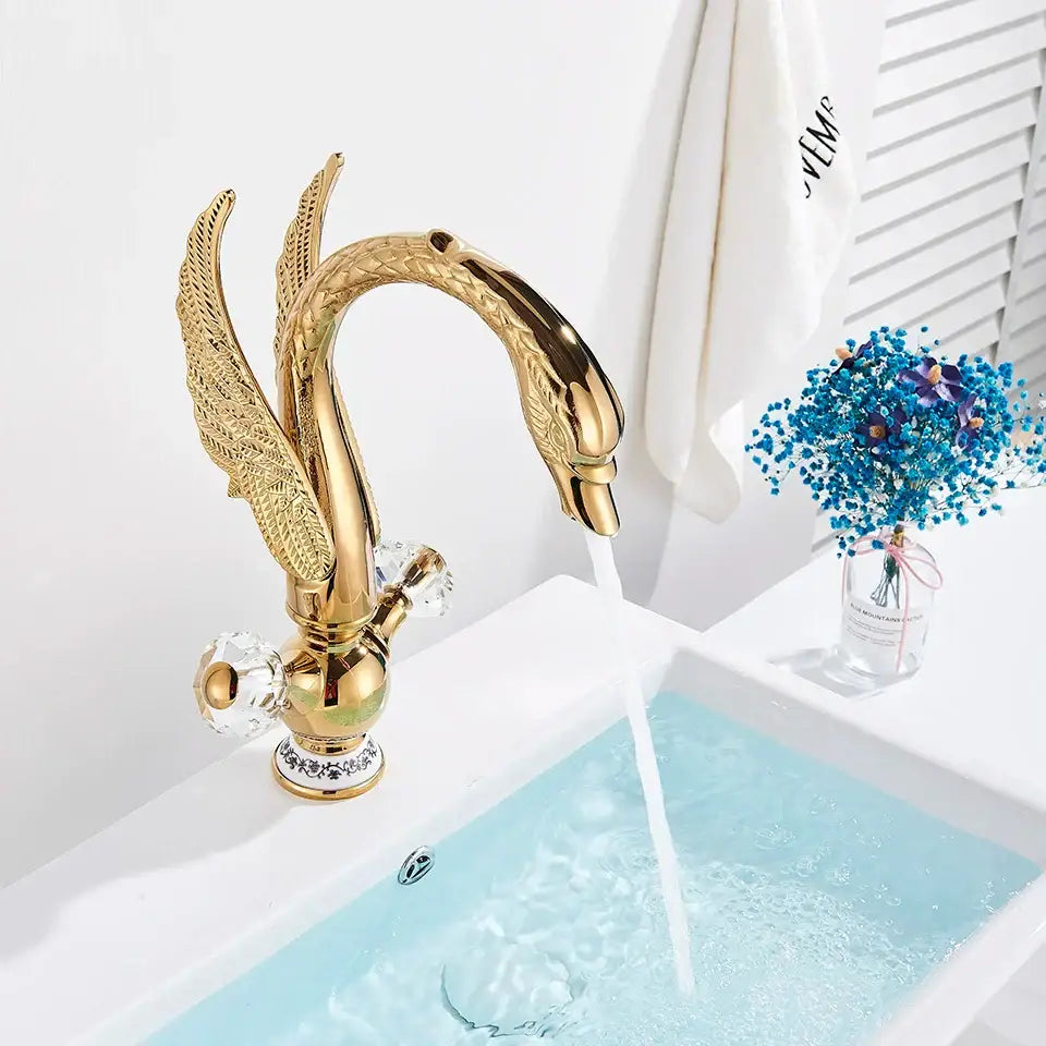 Elegant decorbites gold swan basin faucet with ornate wings and crystal knobs for bathroom mixer decor