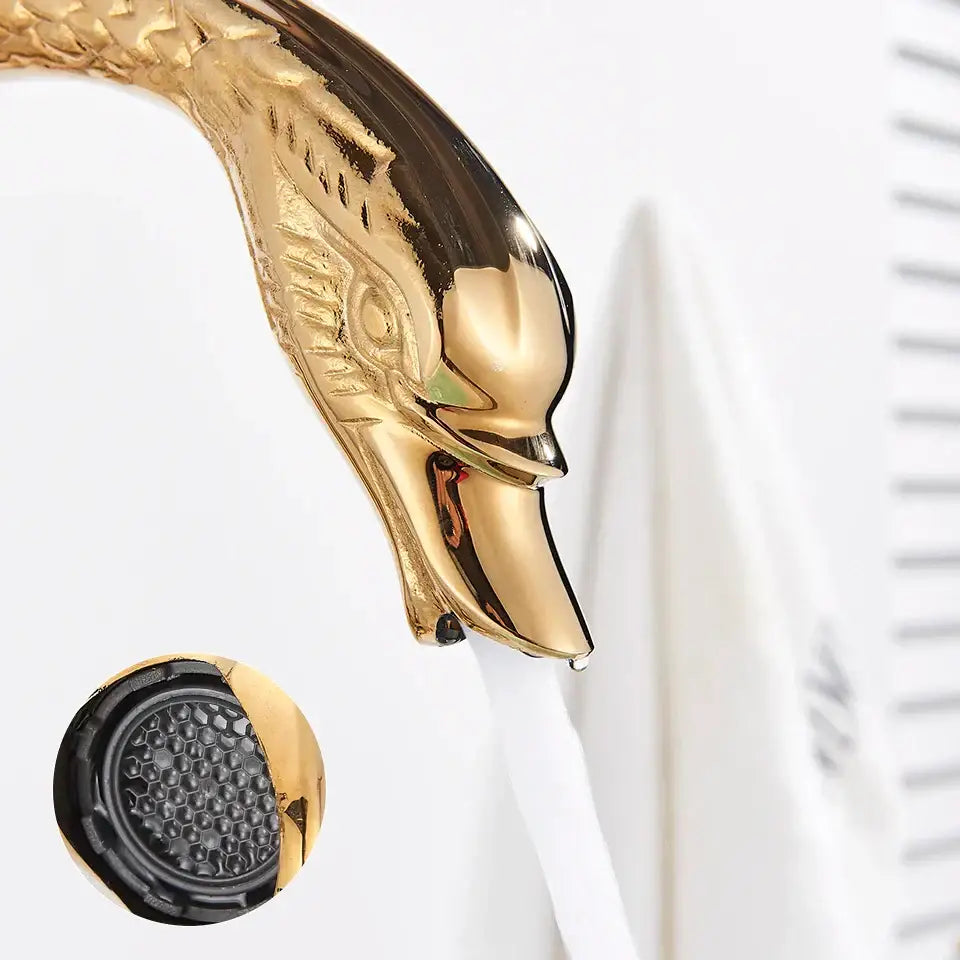 Elegant gold swan basin faucet with intricate detailing crystal knobs and black honeycomb filter by decorbites gold swan