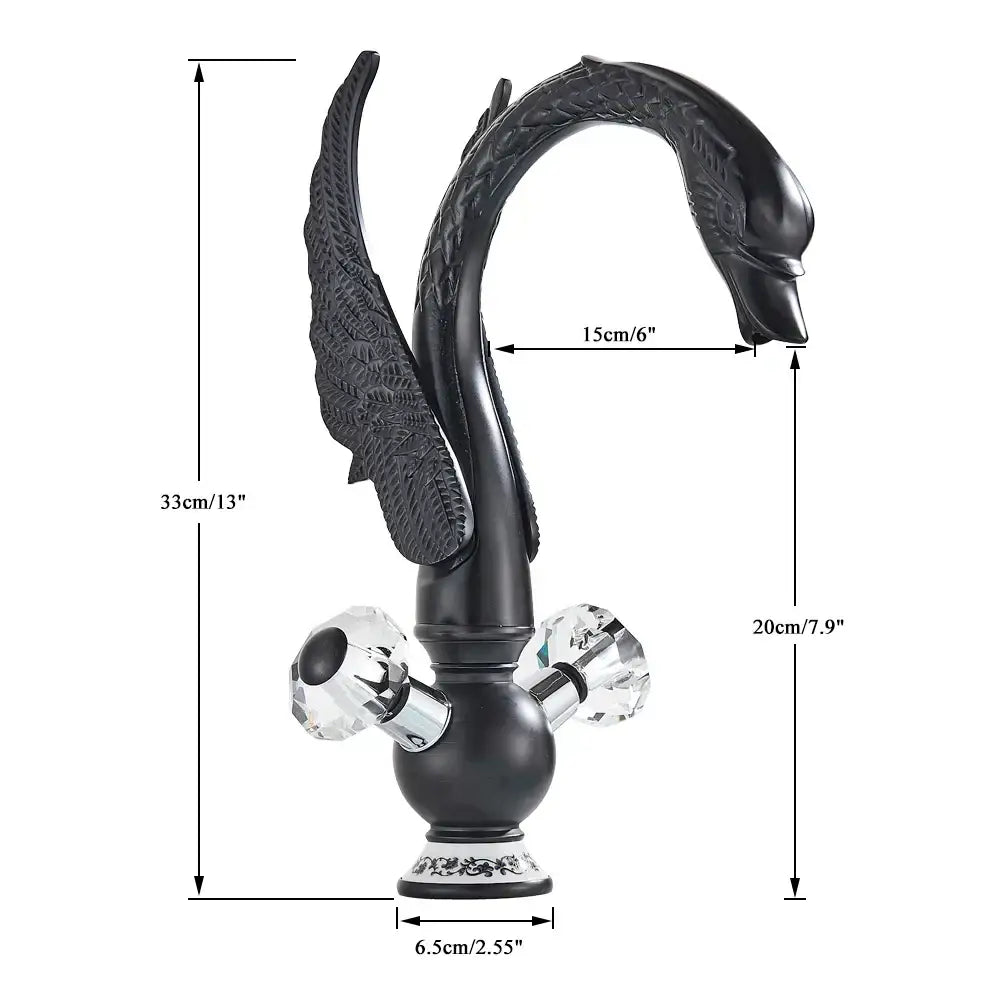 Elegant gold swan basin faucet with crystal knobs and ornate black swan wing detailing by decorbites gold swan