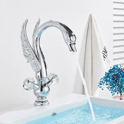 Elegant gold swan basin faucet with chrome finish, crystal handles, and detailed wing design by decorbites gold swan