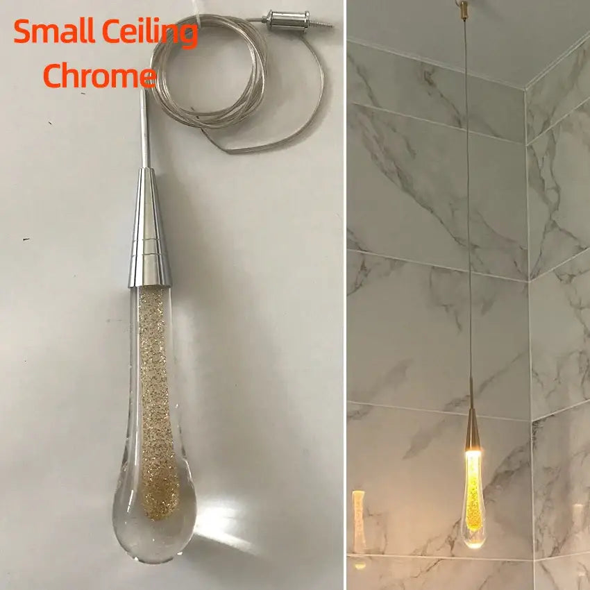 Elegant gold teardrop crystal glass pendant light with chrome finish and golden glitter for dining room decorbites crystal glass