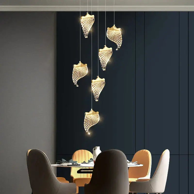 Elegant golden shell acrylic chandelier with woven crystal design for living room and dining hall decor