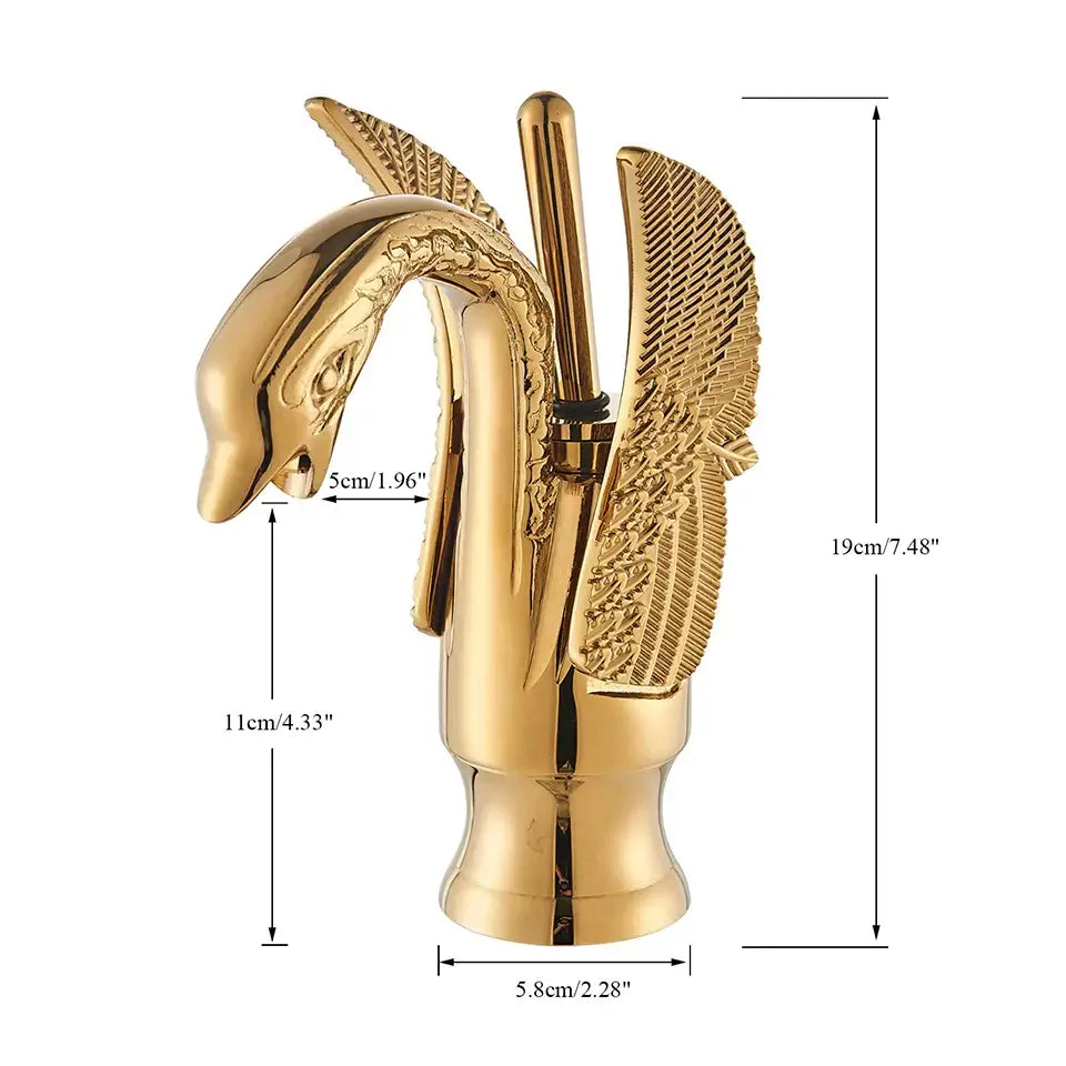 Elegant golden swan faucet bathroom mixer tap with polished metallic finish and detailed feathered wings design