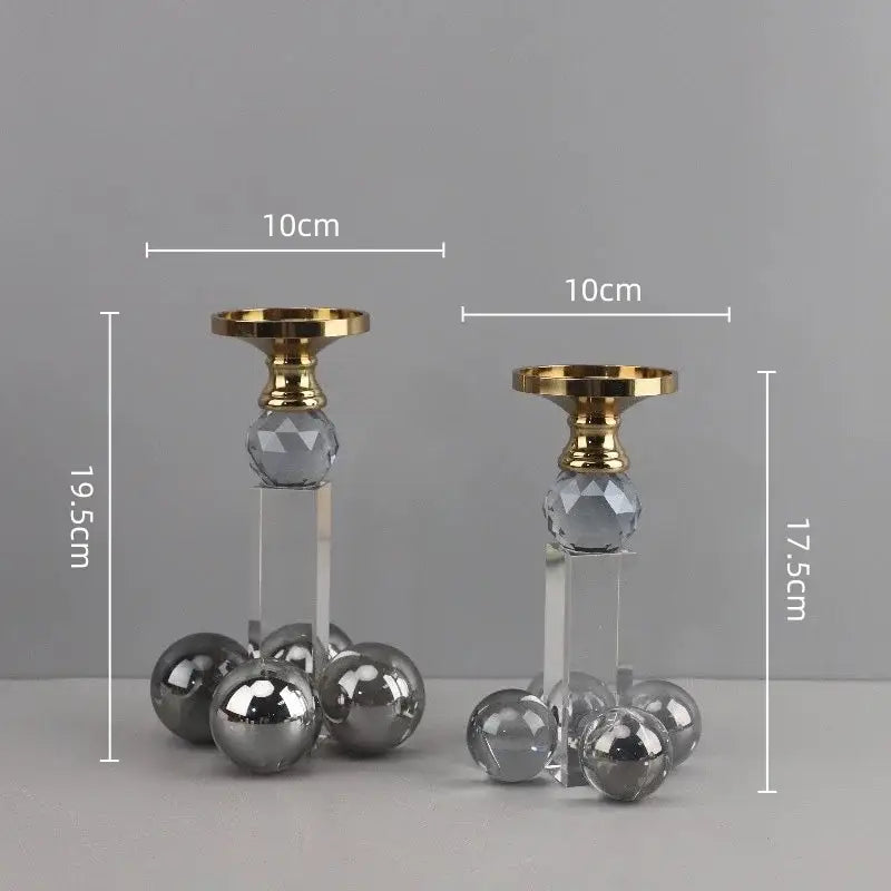 Two elegant gray and gold decorbites clear crystal geometric candle holders with faceted spheres for dining room decor
