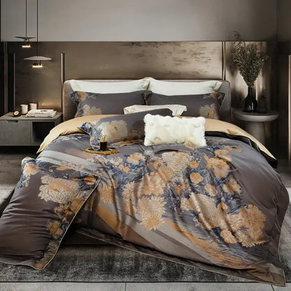 Elegant gray and gold floral bedding set with luxurious satin finish made of 1500tc egyptian cotton