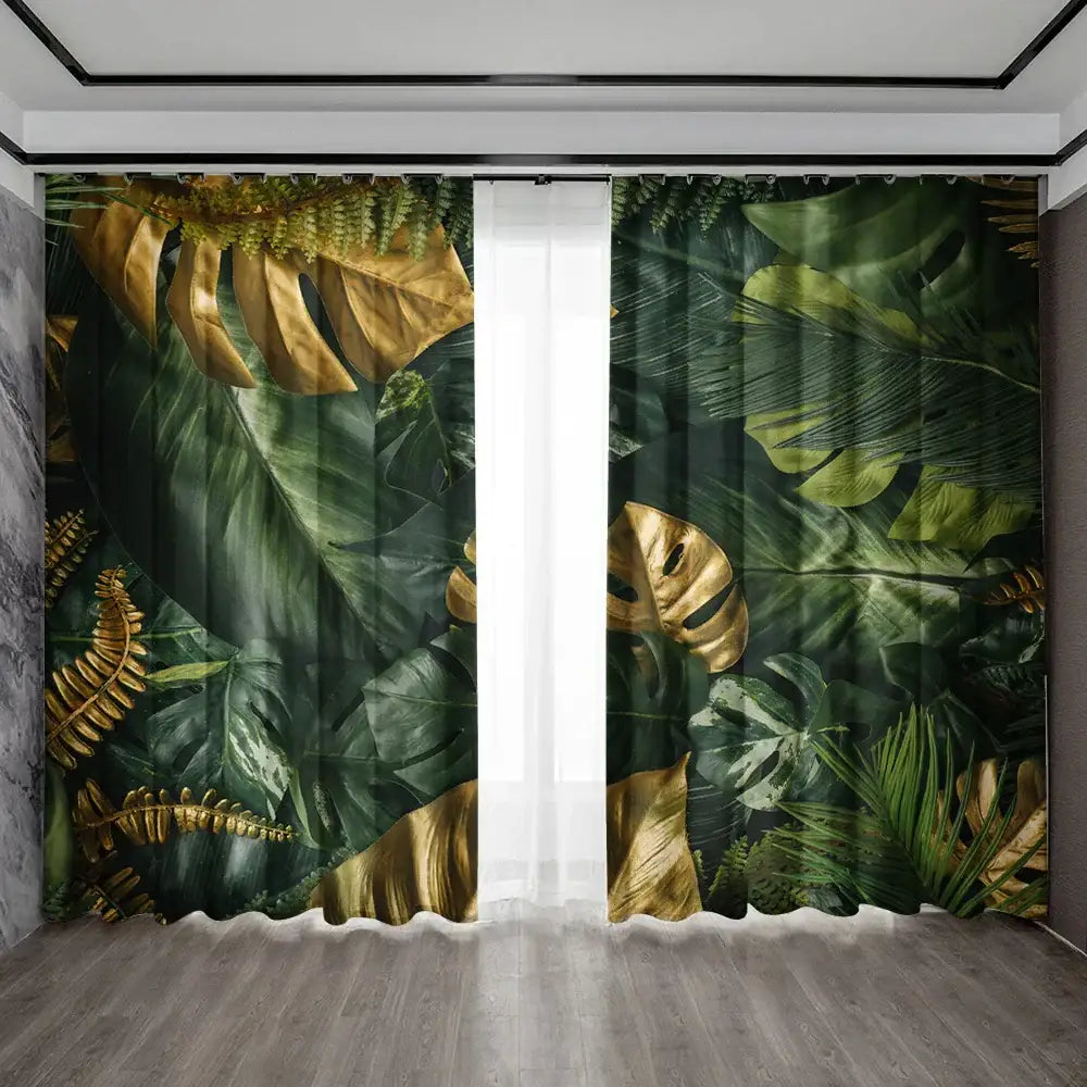 Elegant green turtle leaf curtains with deep green and gold tropical monstera and fern pattern for living room decorbites decor