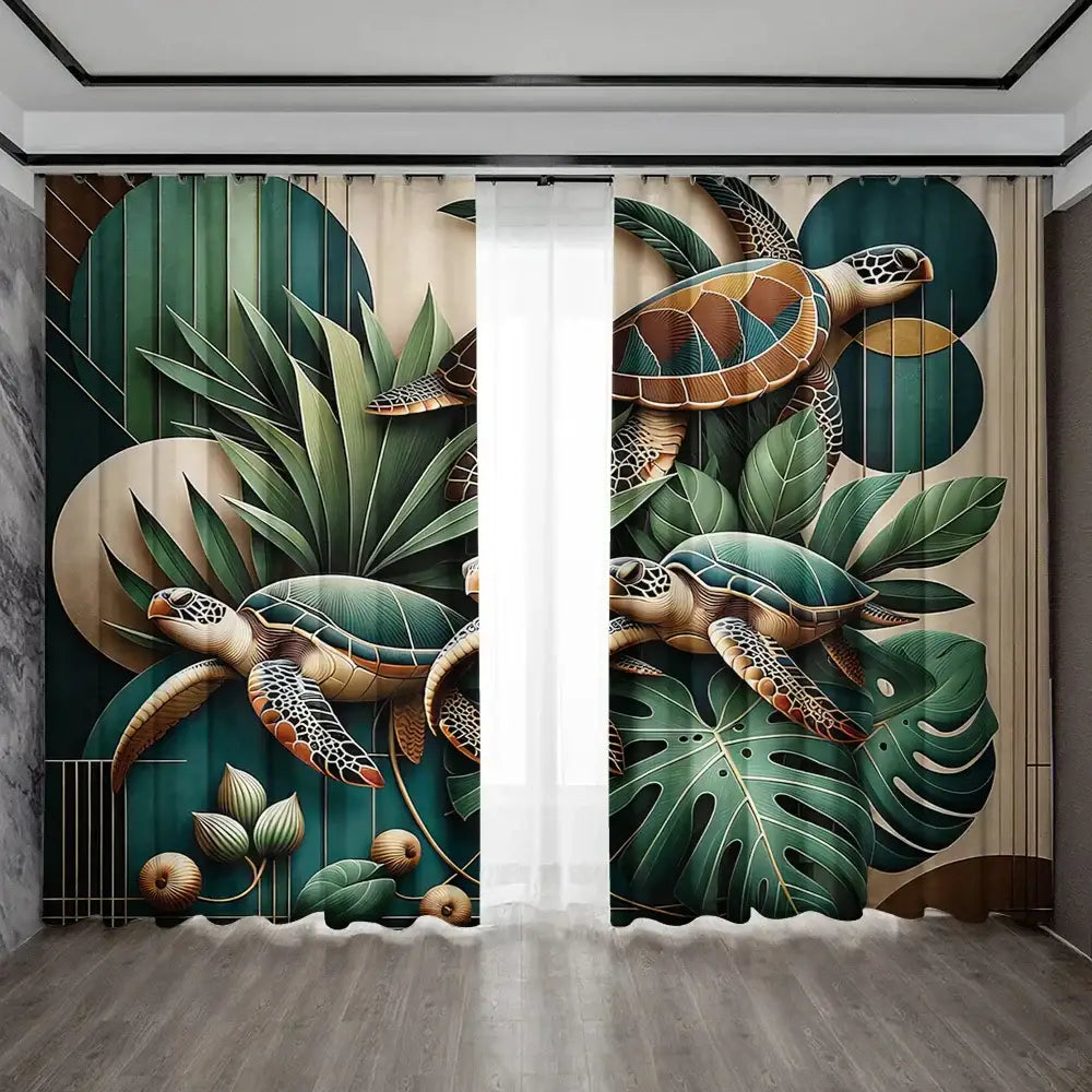 Beige and teal turtle leaf curtains with detailed green foliage patterns for living room decorbites green turtle style