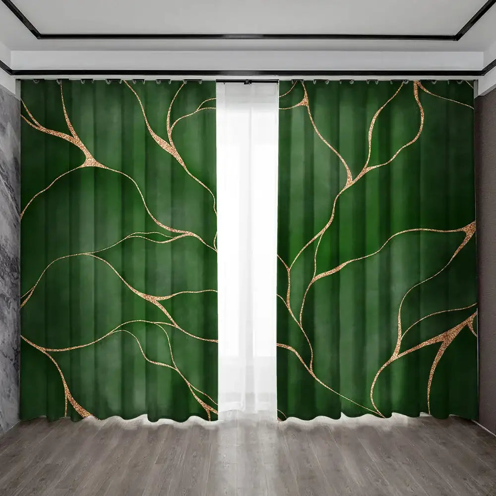 Deep green decorbites green turtle curtains with shimmering gold leaf patterns for elegant living room decor