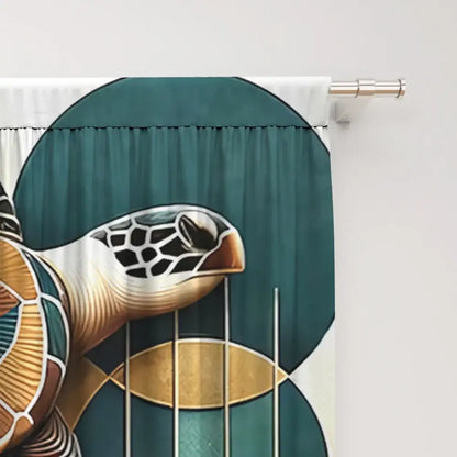 Elegant green turtle leaf curtains featuring a teal and gold stylized sea turtle geometric design for decorbites living room decor
