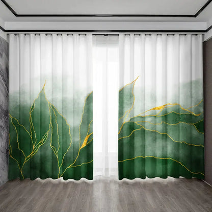White curtains with gradient green design and gold leaf patterns featuring decorbites green turtle leaf for elegant living room decor