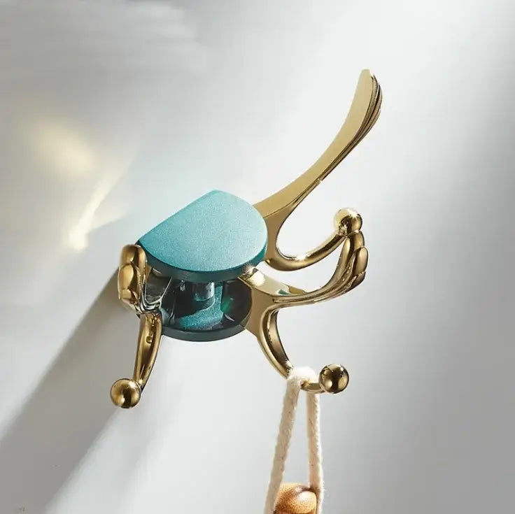 Elegant green gold zinc alloy single coat hook with turquoise glittery semi-circular top and curved hook for bathroom wall mount